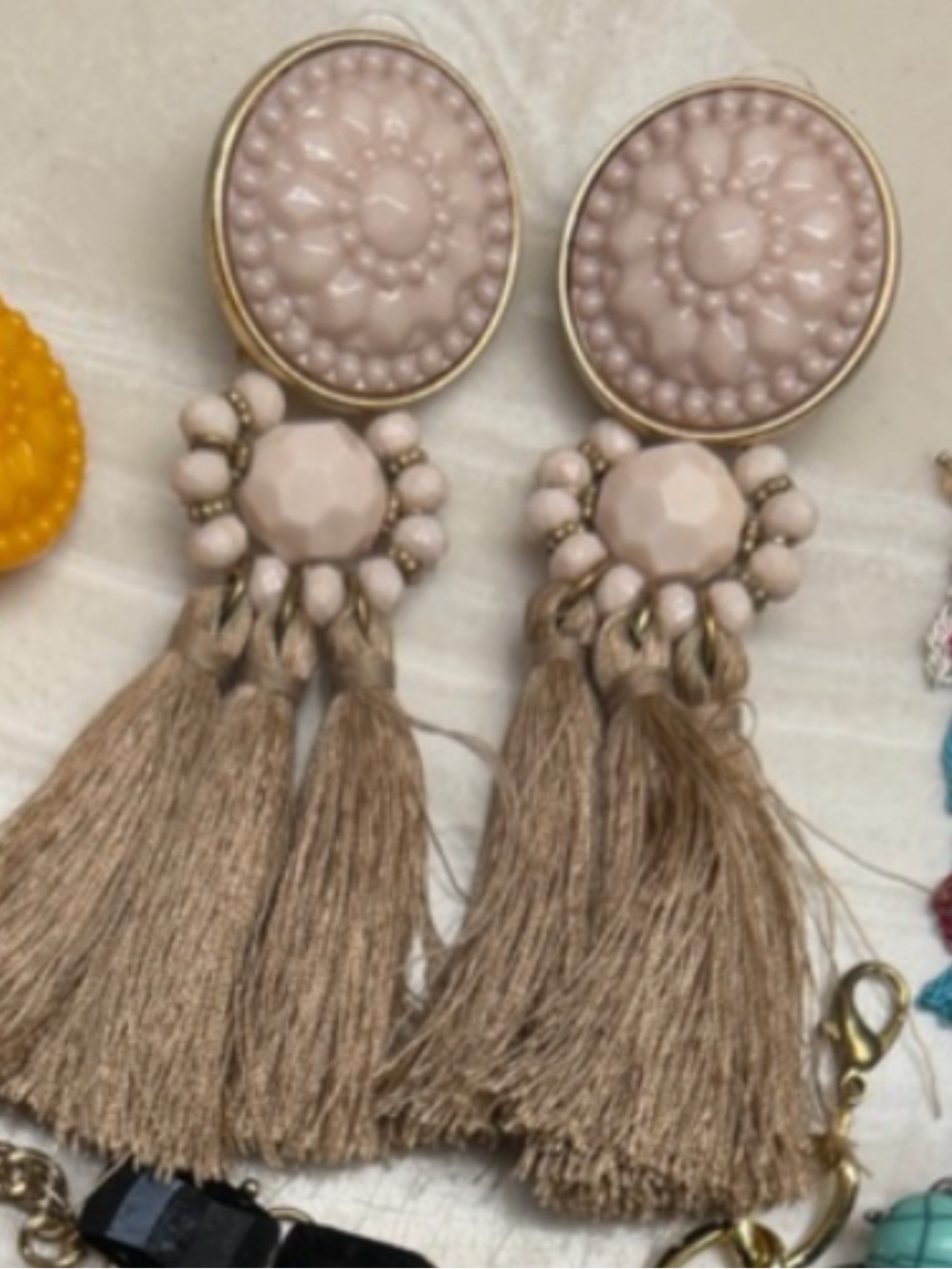 Beige Tassel Drop Earrings - Picture 2 of 2